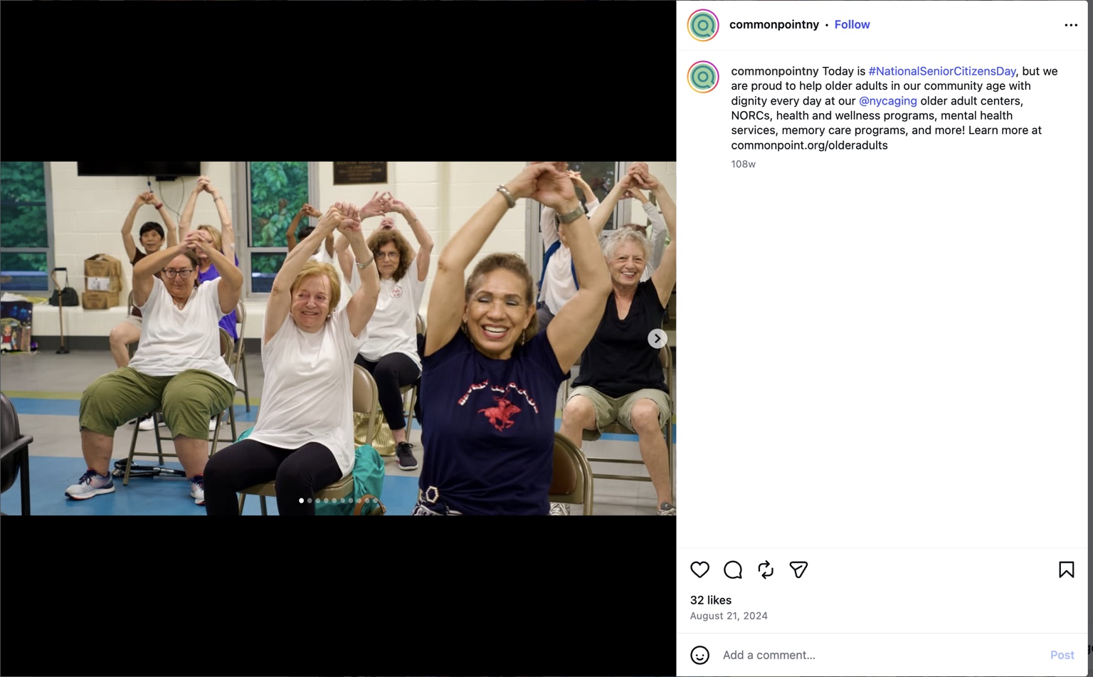 Screenshot of a Commonpoint Queens Instagram post showing older adults participating in a seated exercise class.