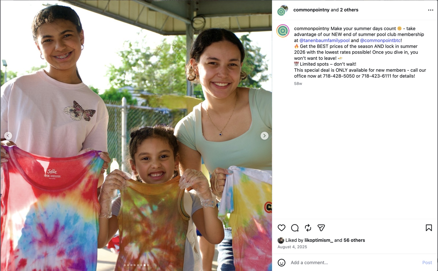 Screenshot of a Commonpoint Queens Instagram post showing three young people holding tie-dyed shirts.