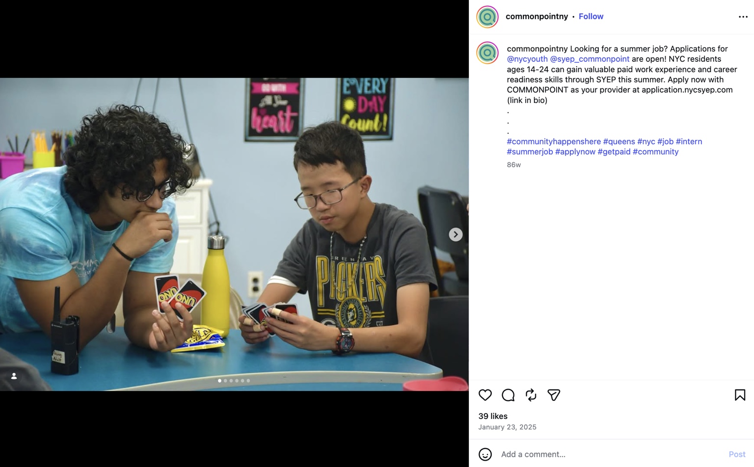 Screenshot of a Commonpoint Queens Instagram post showing two young people playing Uno at a table.